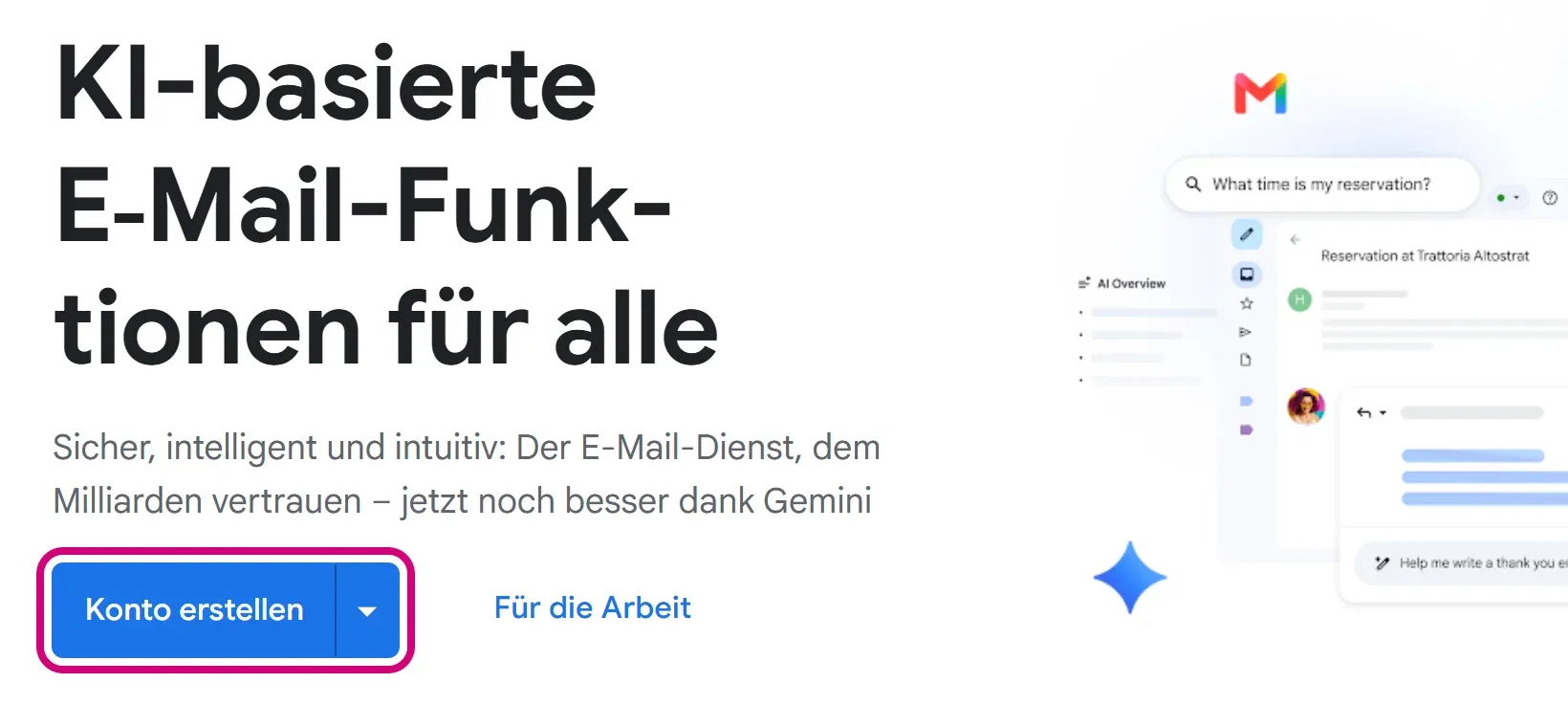 Die Gmail-Startseite mit der Überschrift „KI-basierte E-Mail-Funktionen für alle“. Der blaue Knopf „Konto erstellen“ ist markiert.