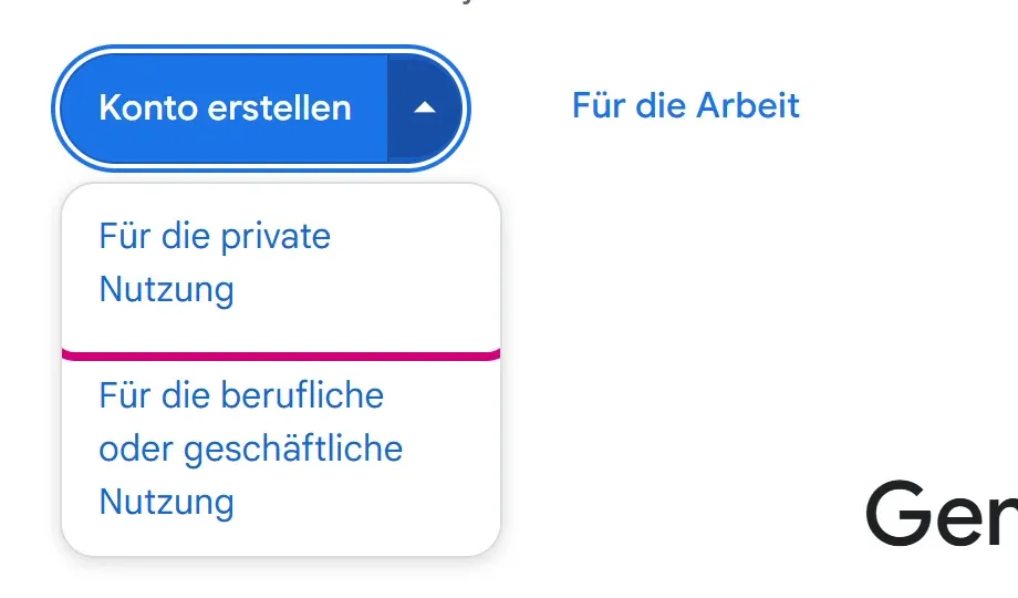 Das aufgeklappte Menü unter „Konto erstellen“ mit zwei Einträgen. „Für die private Nutzung“ ist markiert.