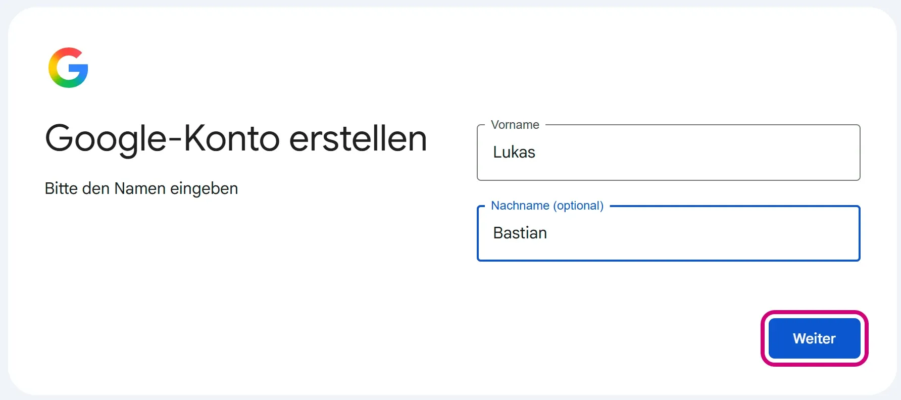 Die Seite „Google-Konto erstellen“ mit den Feldern Vorname und Nachname. „Weiter“ ist markiert.