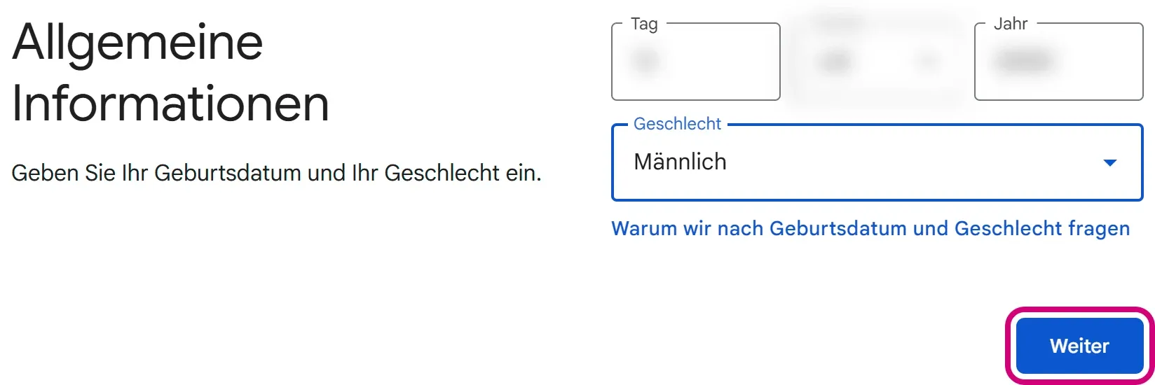 Die Seite „Allgemeine Informationen“ mit Feldern für Tag, Monat, Jahr und Geschlecht. Das Geburtsdatum ist im Bild unkenntlich gemacht.