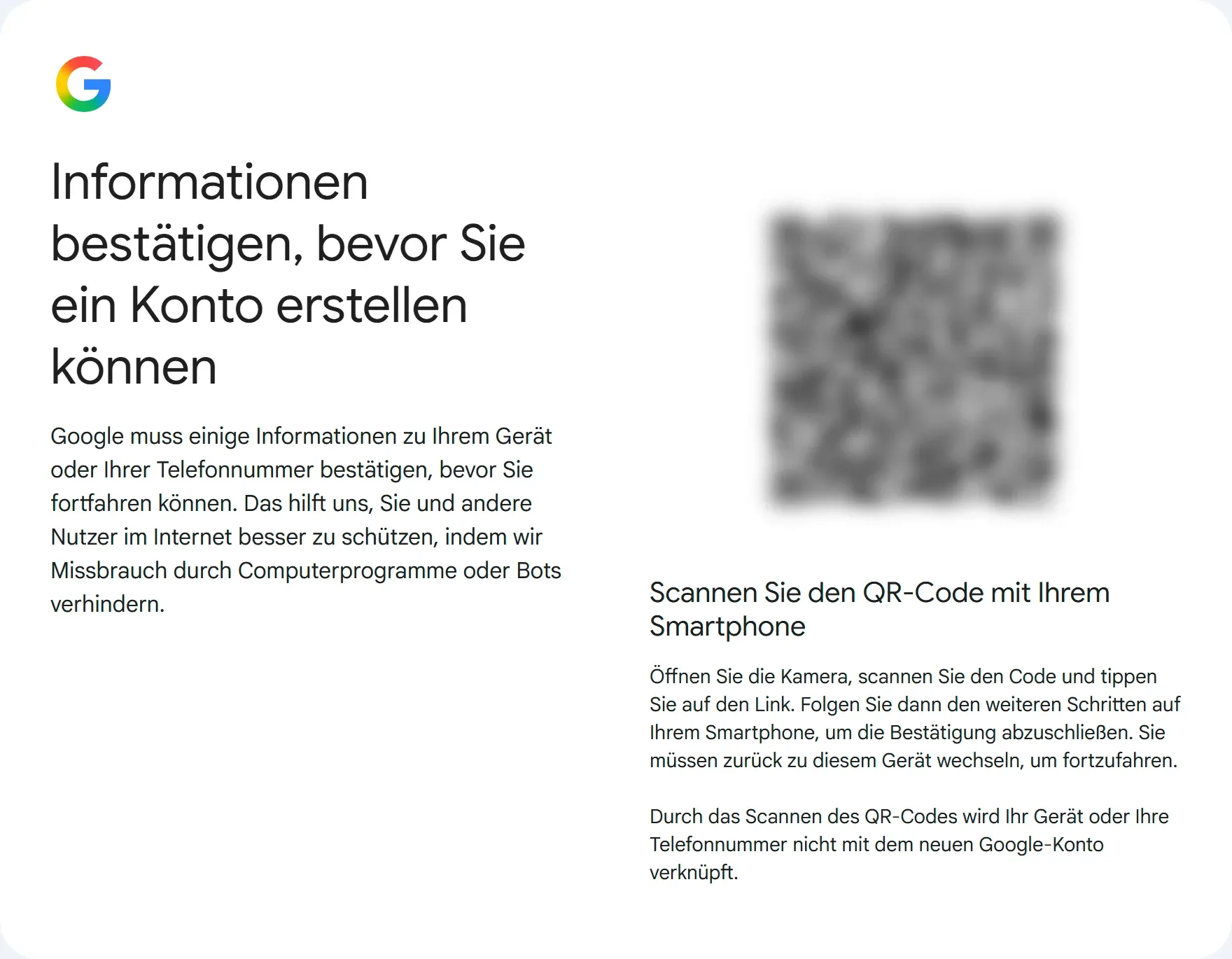 Die Seite „Informationen bestätigen, bevor Sie ein Konto erstellen können“. Rechts der QR-Code, im Bild unkenntlich gemacht, darunter die Bitte, ihn mit dem Smartphone zu scannen.