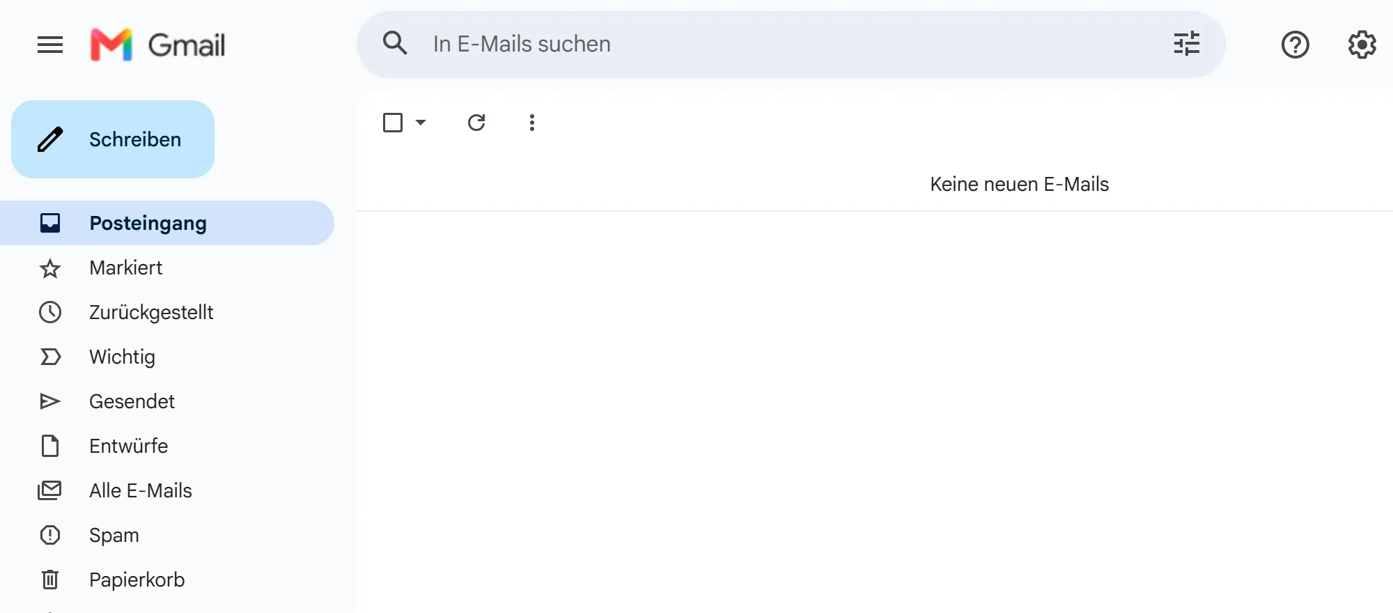 Der neue, noch leere Gmail-Posteingang mit dem Knopf „Schreiben“ oben links.