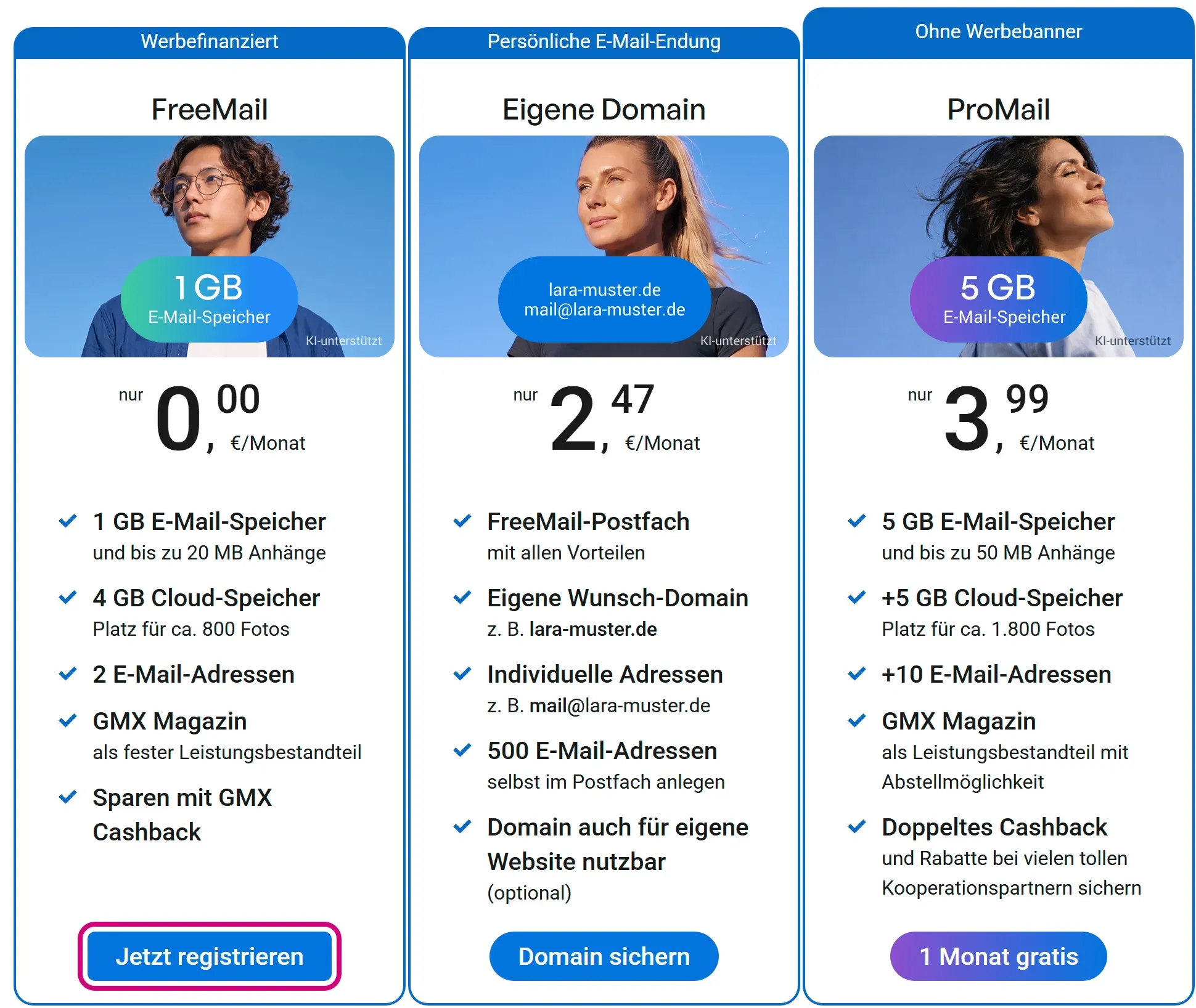 Drei Tarife nebeneinander: FreeMail für 0,00 Euro, Eigene Domain und ProMail. Unter FreeMail ist „Jetzt registrieren“ markiert.