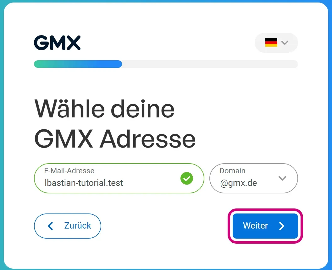 Das Feld „E-Mail-Adresse“ mit der Wunschadresse und der Endung @gmx.de. Im Feld steht ein grüner Haken, „Weiter“ ist markiert.
