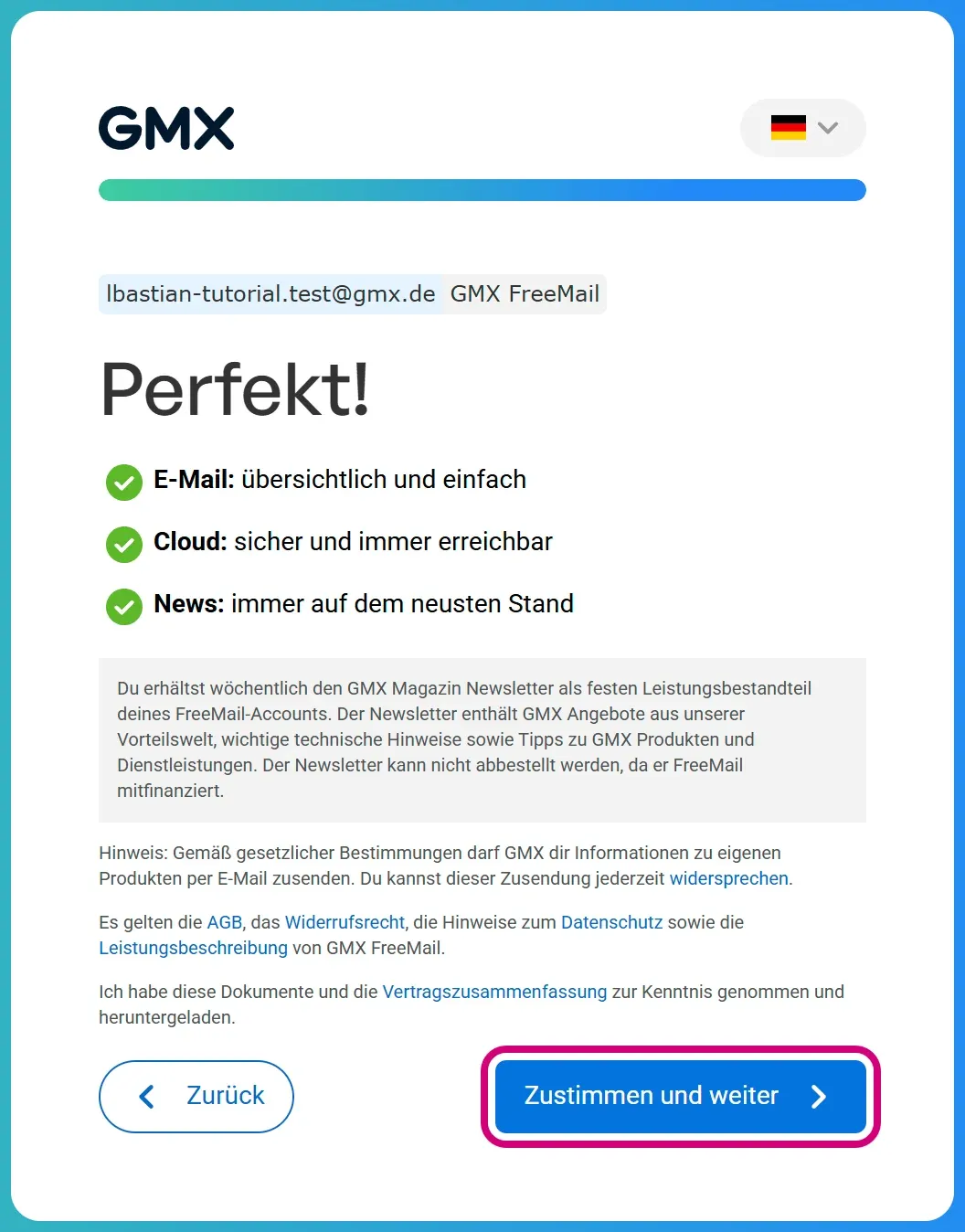 Die Seite „Perfekt!“ mit der neuen Adresse, dem Hinweis auf den Newsletter und dem markierten Knopf „Zustimmen und weiter“.