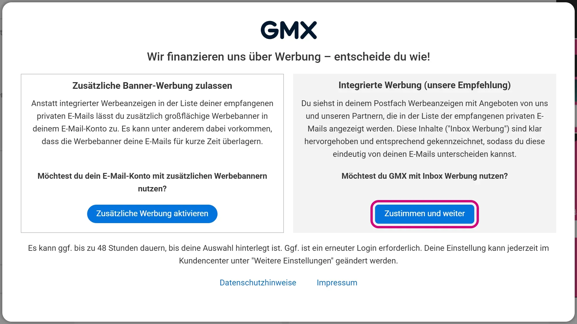 Die Abfrage „Wir finanzieren uns über Werbung – entscheide du wie!“. Rechts unter „Integrierte Werbung“ ist „Zustimmen und weiter“ markiert.