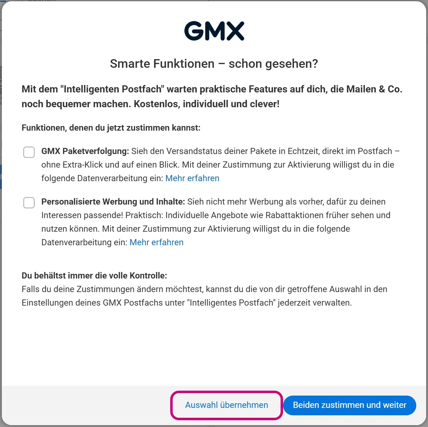 Die Abfrage „Smarte Funktionen“ mit zwei leeren Kästchen. Der unauffällige Link „Auswahl übernehmen“ ist markiert, daneben der blaue Knopf „Beiden zustimmen und weiter“.