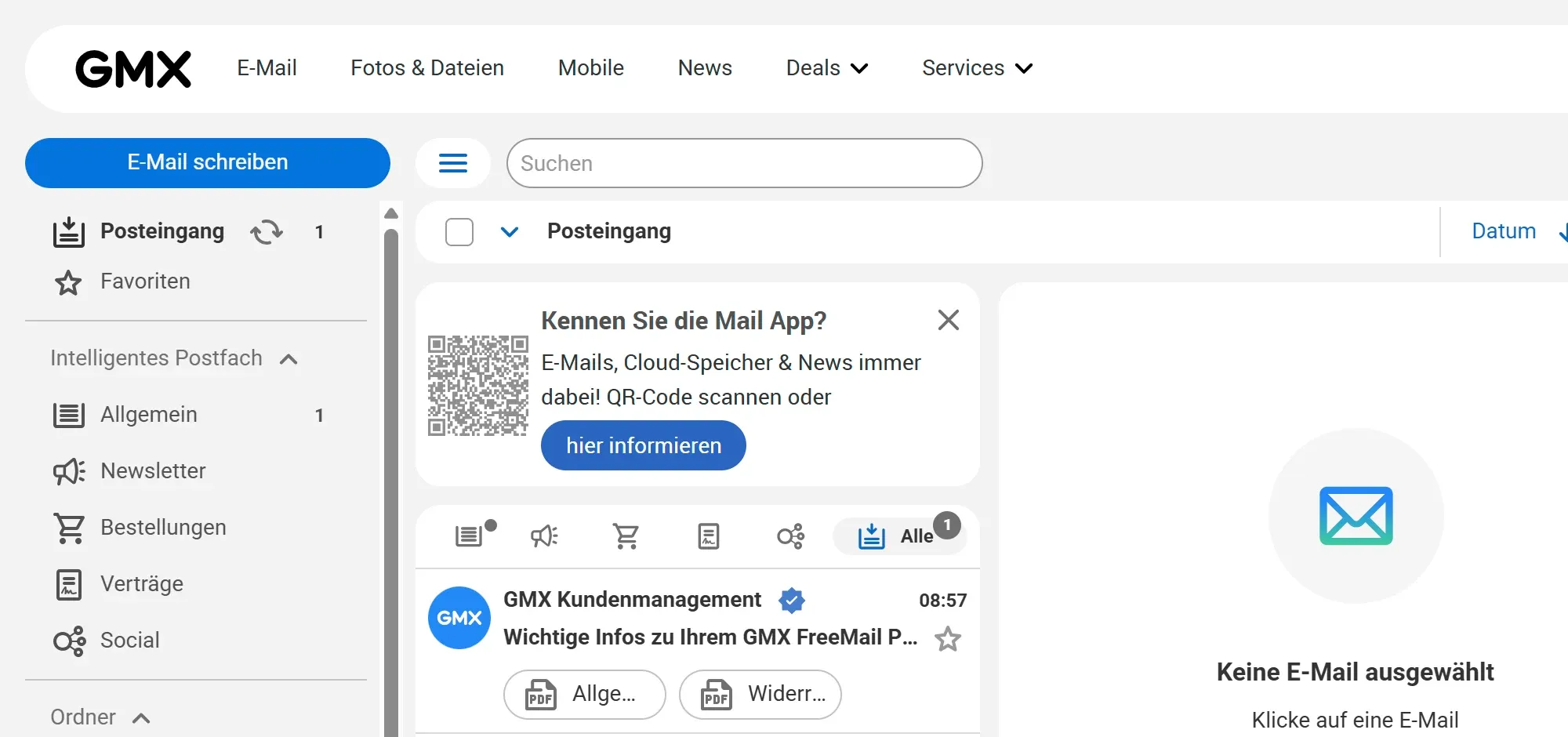 Der neue GMX-Posteingang mit dem Knopf „E-Mail schreiben“ und der ersten E-Mail vom GMX Kundenmanagement.