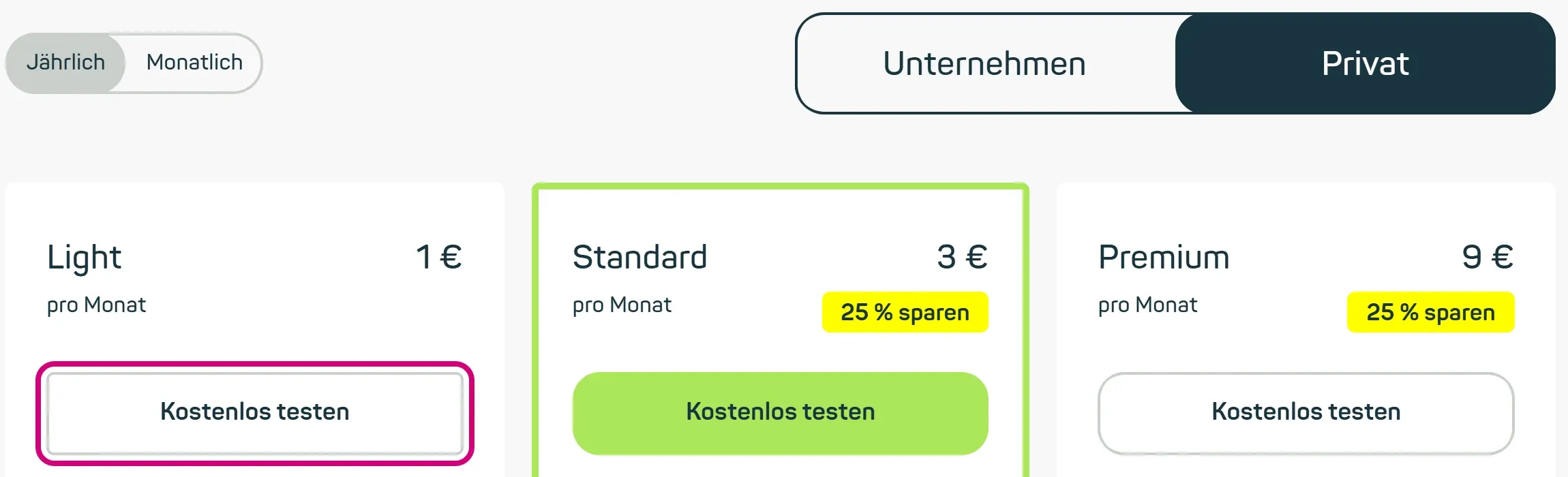 Die Tarife Light für 1 Euro, Standard für 3 Euro und Premium für 9 Euro im Monat. Bei Light ist „Kostenlos testen“ markiert.