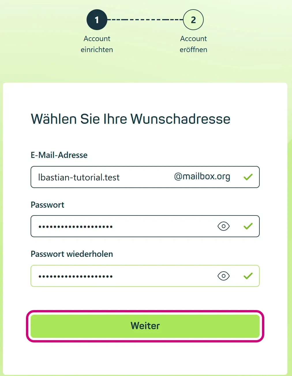 Schritt 1 „Wählen Sie Ihre Wunschadresse“ mit Adresse und zwei Passwortfeldern, jeweils mit grünem Haken. „Weiter“ ist markiert.
