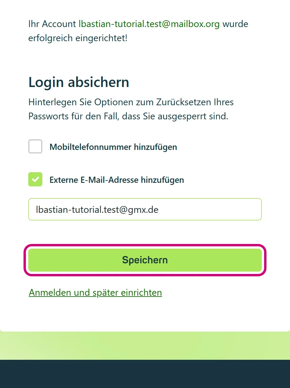 Das Feld für die externe E-Mail-Adresse ist ausgefüllt, der Knopf „Speichern“ ist markiert.