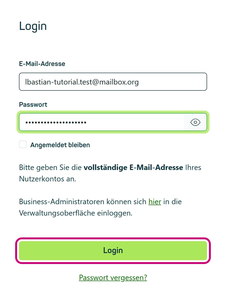Die Anmeldeseite „Login“ mit E-Mail-Adresse, Passwort und dem Kästchen „Angemeldet bleiben“. Der Anmeldeknopf ist markiert.