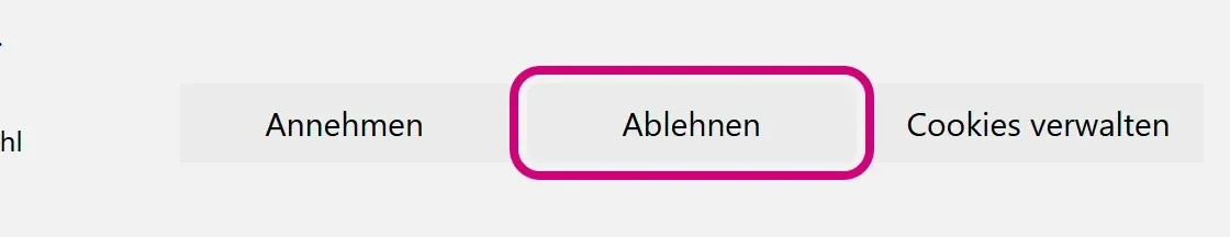 Der Cookie-Hinweis von Microsoft mit den Knöpfen „Annehmen“, „Ablehnen“ und „Cookies verwalten“. „Ablehnen“ ist markiert.