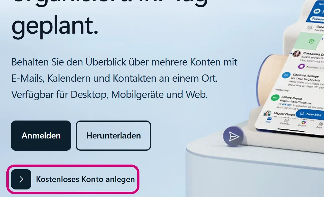 Die Outlook-Seite von Microsoft mit den Knöpfen „Anmelden“ und „Herunterladen“. Darunter ist „Kostenloses Konto anlegen“ markiert.