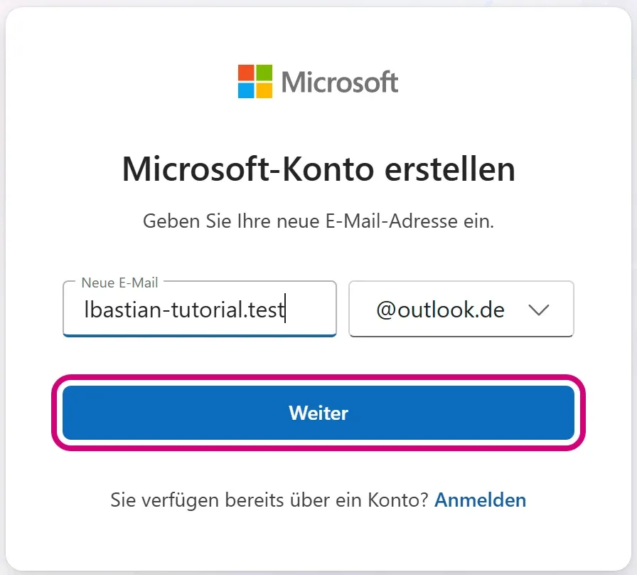 Die Seite „Microsoft-Konto erstellen“ mit dem Feld „Neue E-Mail“ und der Endung @outlook.de. „Weiter“ ist markiert.