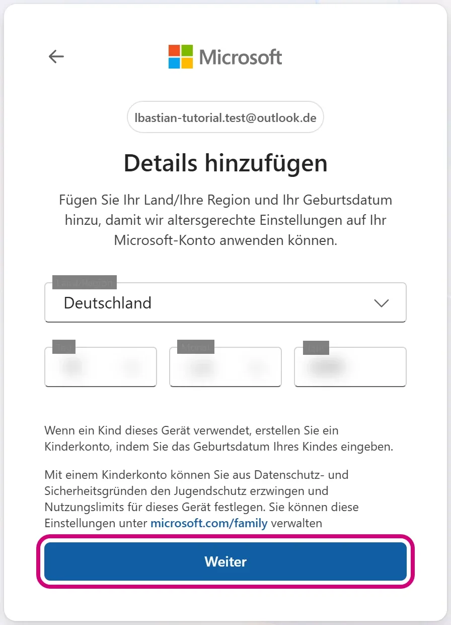 Die Seite „Details hinzufügen“ mit Land Deutschland und Feldern für Tag, Monat und Jahr. Das Geburtsdatum ist im Bild unkenntlich gemacht.