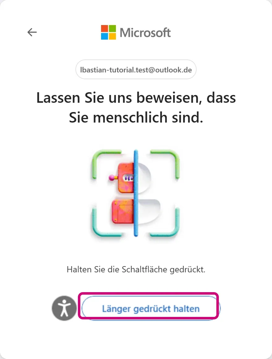 Die Prüfung „Lassen Sie uns beweisen, dass Sie menschlich sind“ mit dem markierten Knopf „Länger gedrückt halten“.