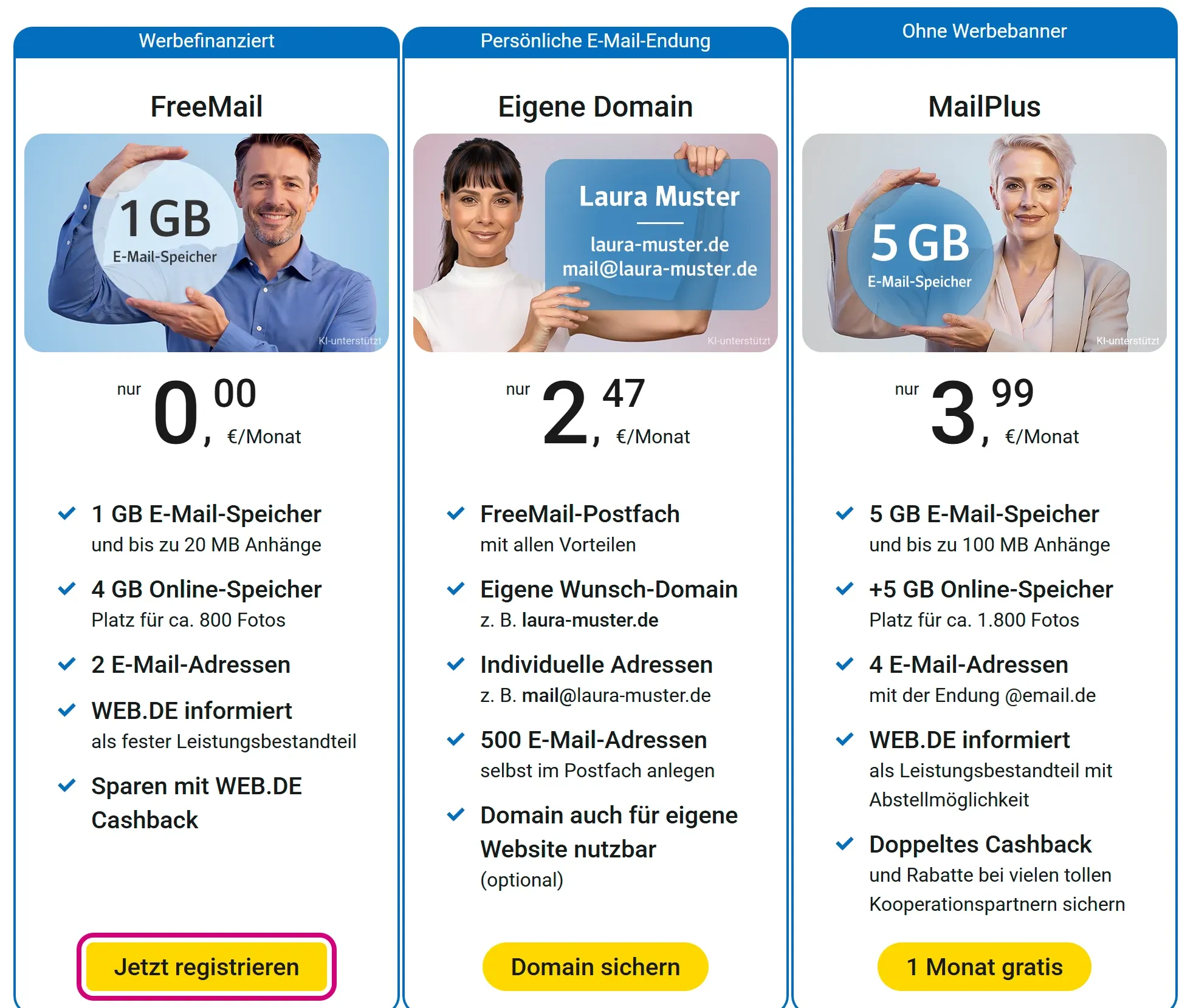 Drei Tarife nebeneinander: FreeMail für 0,00 Euro, Eigene Domain und MailPlus. Unter FreeMail ist „Jetzt registrieren“ markiert.