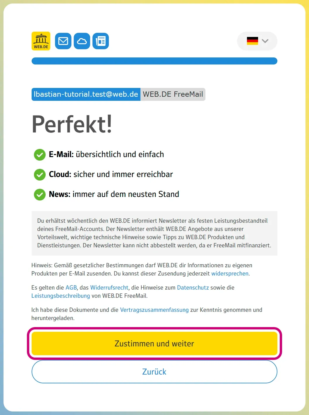 Die Seite „Perfekt!“ mit der neuen Adresse, dem Hinweis auf den Newsletter und dem markierten Knopf „Zustimmen und weiter“.