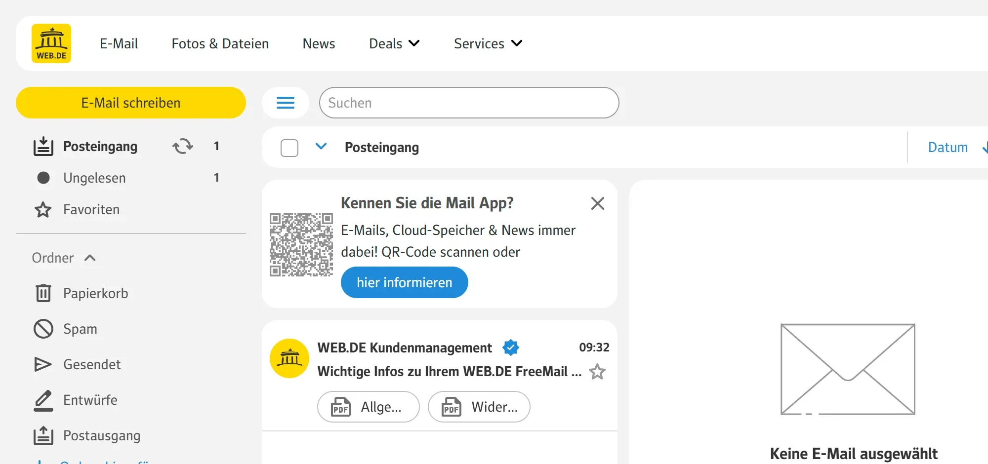 Der neue WEB.DE-Posteingang mit dem gelben Knopf „E-Mail schreiben“ und der ersten E-Mail vom WEB.DE Kundenmanagement.